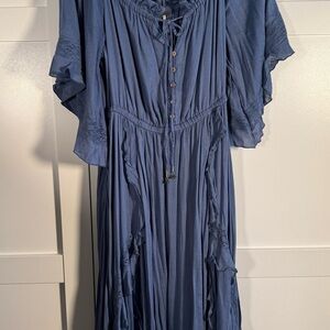 Free People boho Blue Maxi Dress with Button Details XL